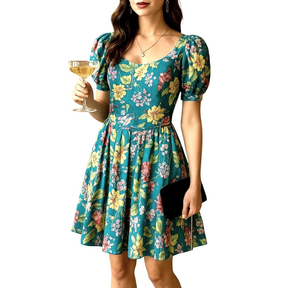 Laura Ashley 8 Floral Puff Sleeve Mini Dress Fit&Flare Vintage Great Britain UK